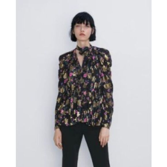 ZARA Metallic‎ Shimmer Tie Neck Blouse Small Gold Floral Statement - Picture 15 of 15